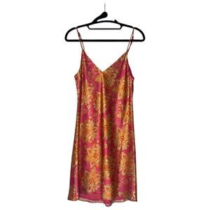 Vici Damask V-Neck Floral Satin Cami Slip Mini Dress Pink Yellow Size XS